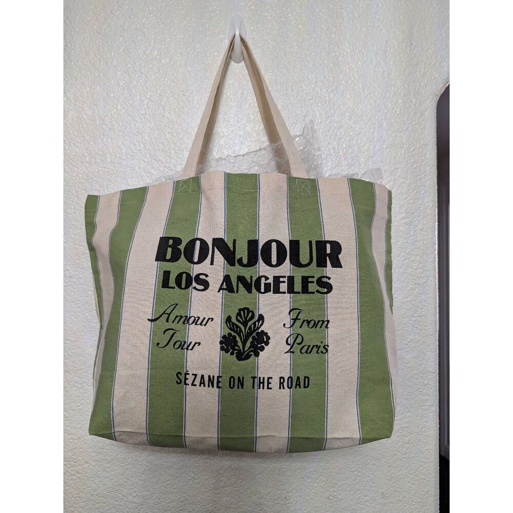 Sezane on the road tote bag cream and green color